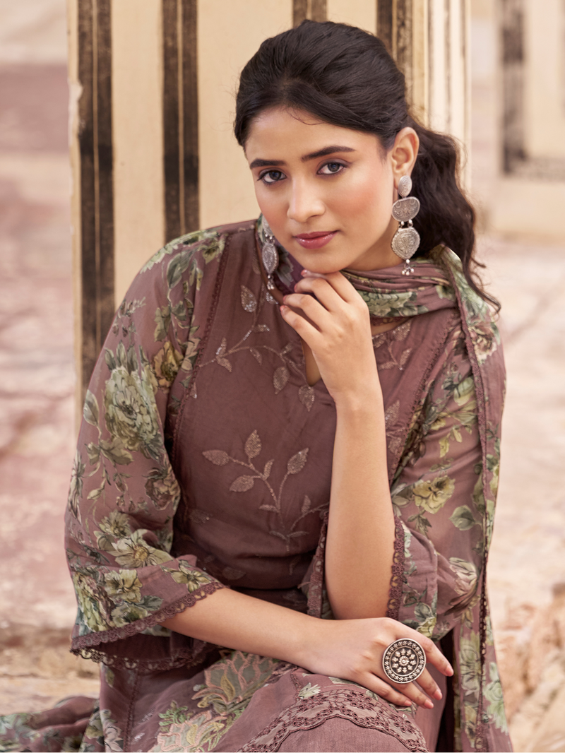 Plum Organza Printed & Sequin-Embroidered Unstitched Suit Set