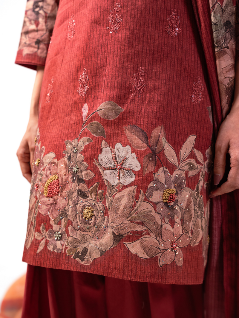 Rust Printed Handwork Unstitched Suit Set