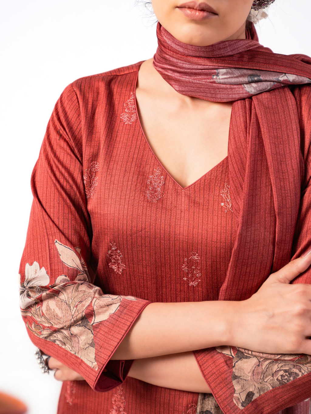 Rust Printed Handwork Unstitched Suit Set