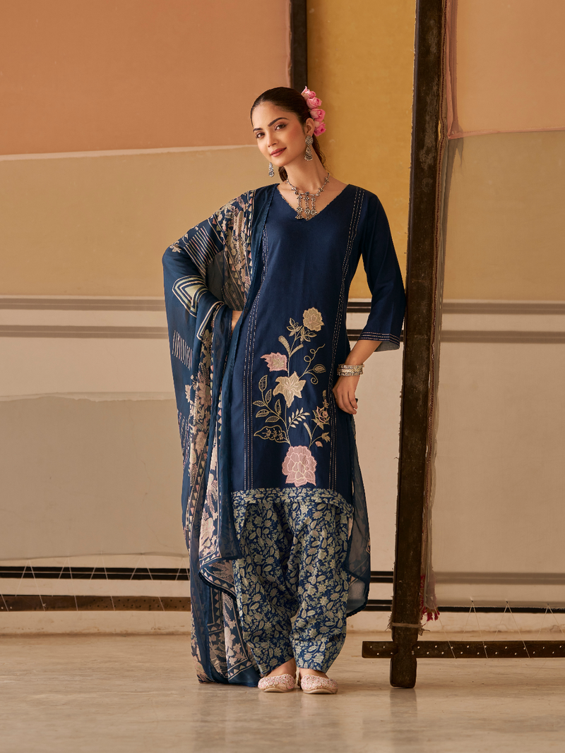 Navy Printed Patchwork Handwork Unstitched Suit Set