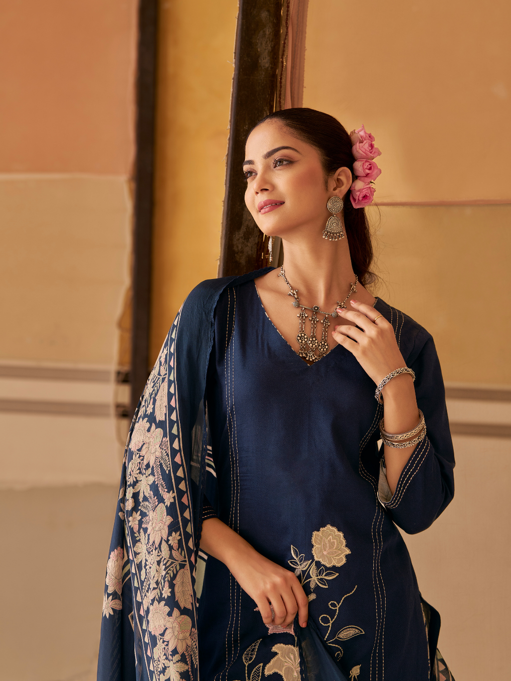 Navy Printed Patchwork Handwork Unstitched Suit Set