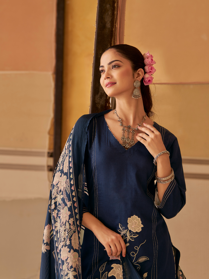 Navy Printed Patchwork Handwork Unstitched Suit Set