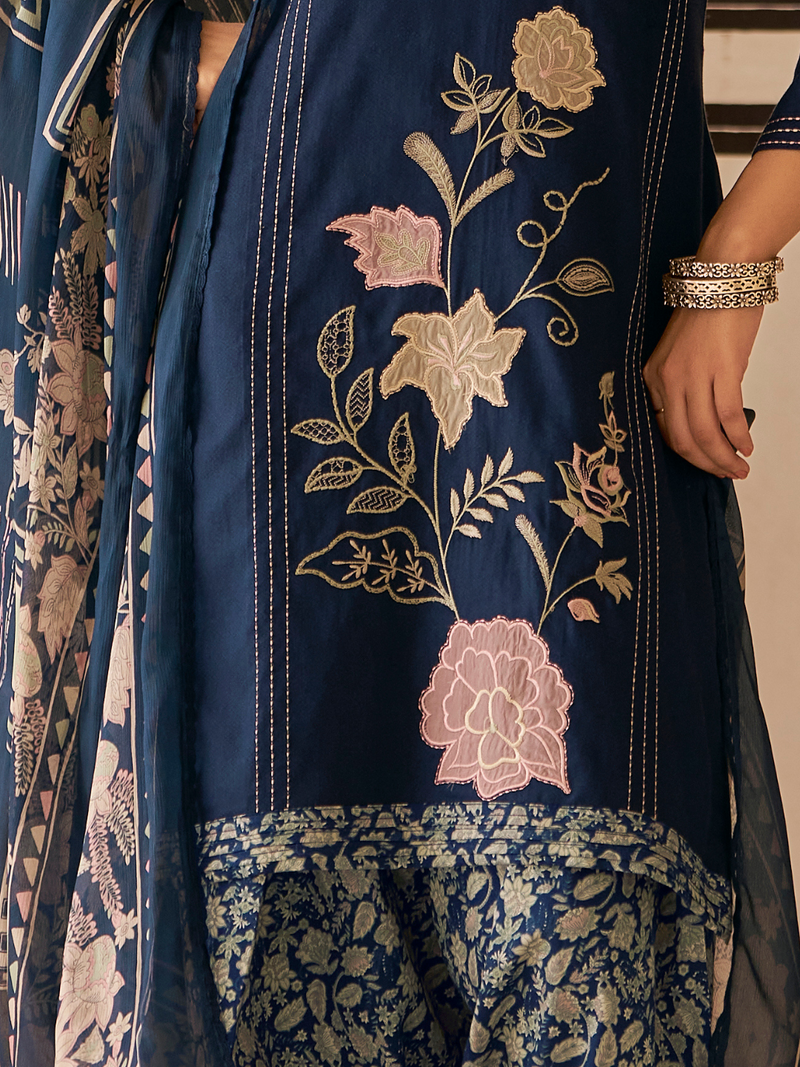 Navy Printed Patchwork Handwork Unstitched Suit Set