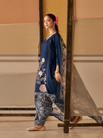Navy Printed Patchwork Handwork Unstitched Suit Set