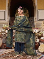 Deep Blue Printed Tissue Organza Unstitched Suit Set with Zari and Intricate Embroidery