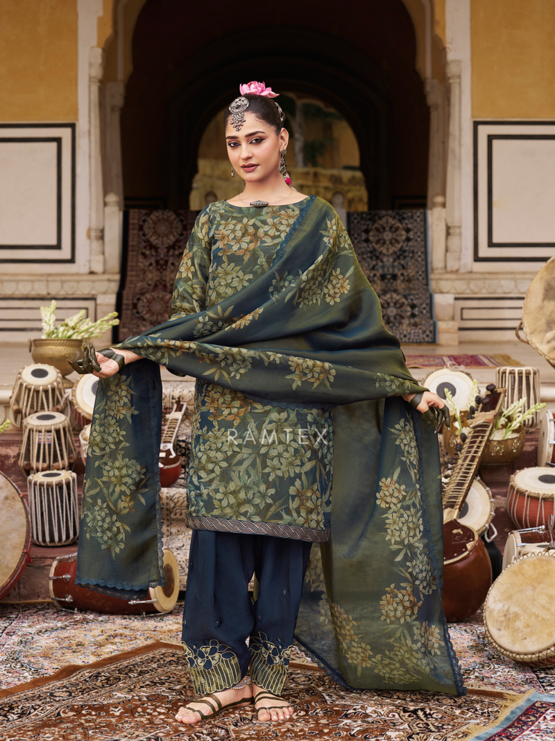 Deep Blue Printed Tissue Organza Unstitched Suit Set with Zari and Intricate Embroidery
