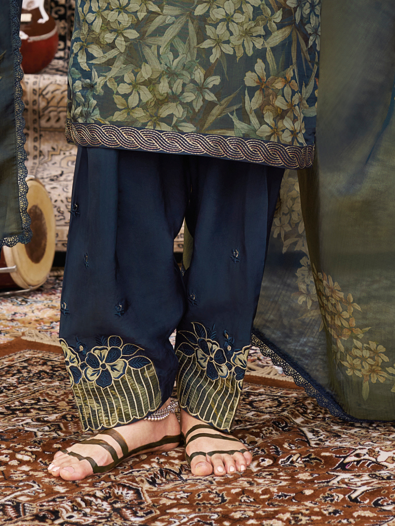 Deep Blue Printed Tissue Organza Unstitched Suit Set with Zari and Intricate Embroidery