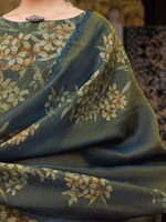 Deep Blue Printed Tissue Organza Unstitched Suit Set with Zari and Intricate Embroidery