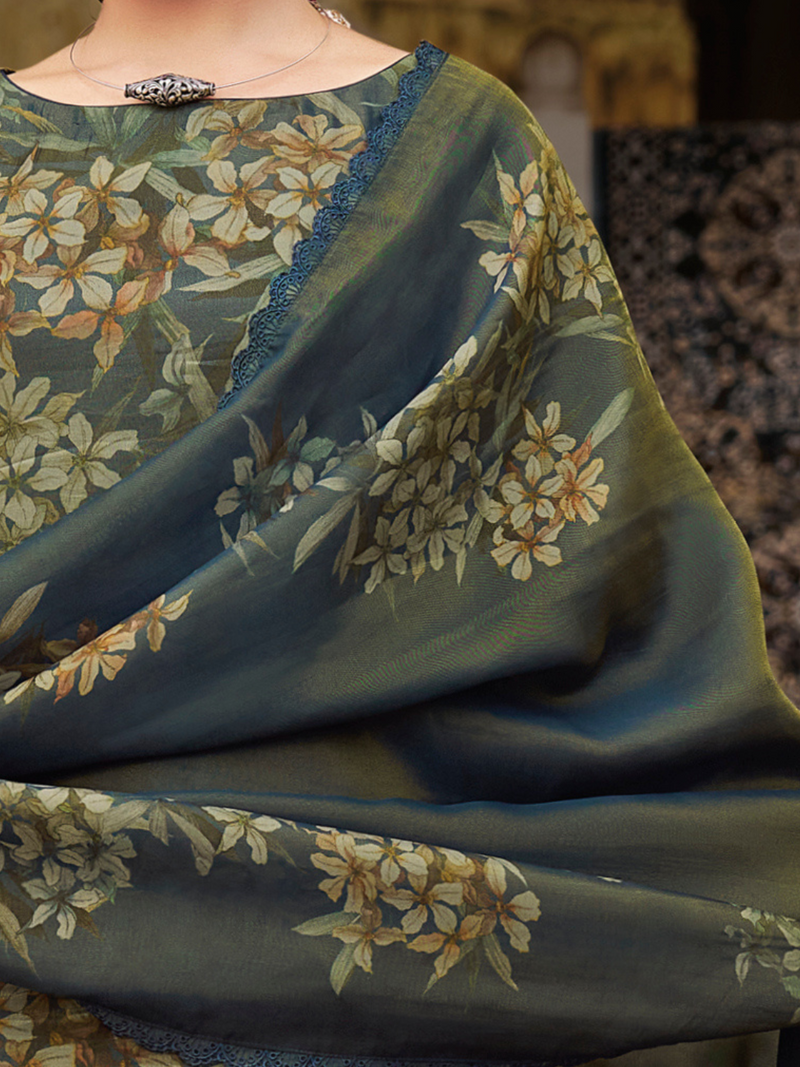 Deep Blue Printed Tissue Organza Unstitched Suit Set with Zari and Intricate Embroidery