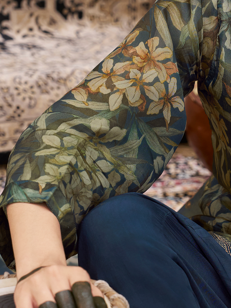 Deep Blue Printed Tissue Organza Unstitched Suit Set with Zari and Intricate Embroidery