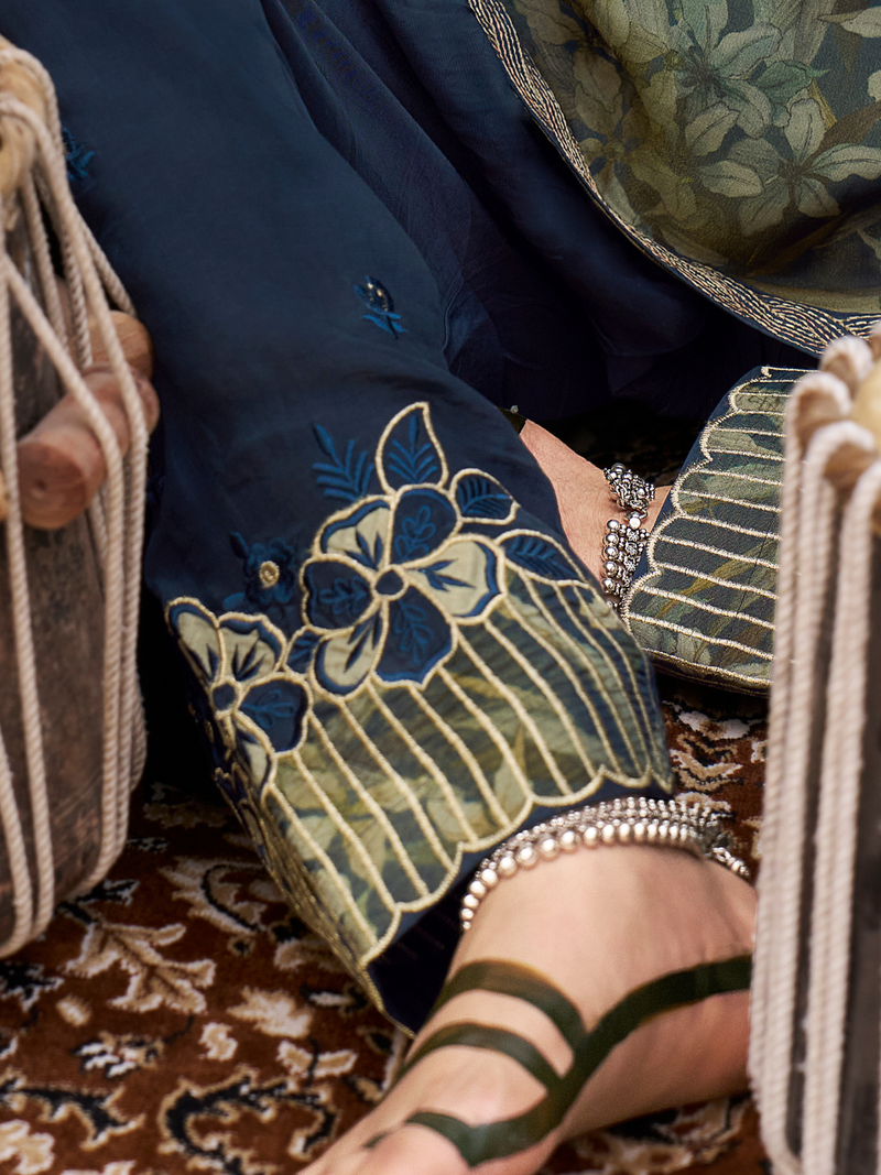 Deep Blue Printed Tissue Organza Unstitched Suit Set with Zari and Intricate Embroidery