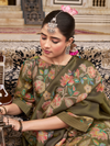 Olive Printed Tissue Organza Unstitched Suit Set with Zari and Intricate Embroidery