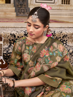Olive Printed Tissue Organza Unstitched Suit Set with Zari and Intricate Embroidery