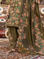 Olive Printed Tissue Organza Unstitched Suit Set with Zari and Intricate Embroidery