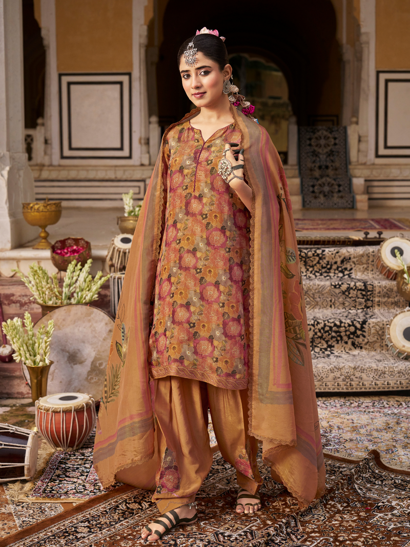 Tangerine Printed Tissue Organza Unstitched Suit Set with Zari and Intricate Embroidery