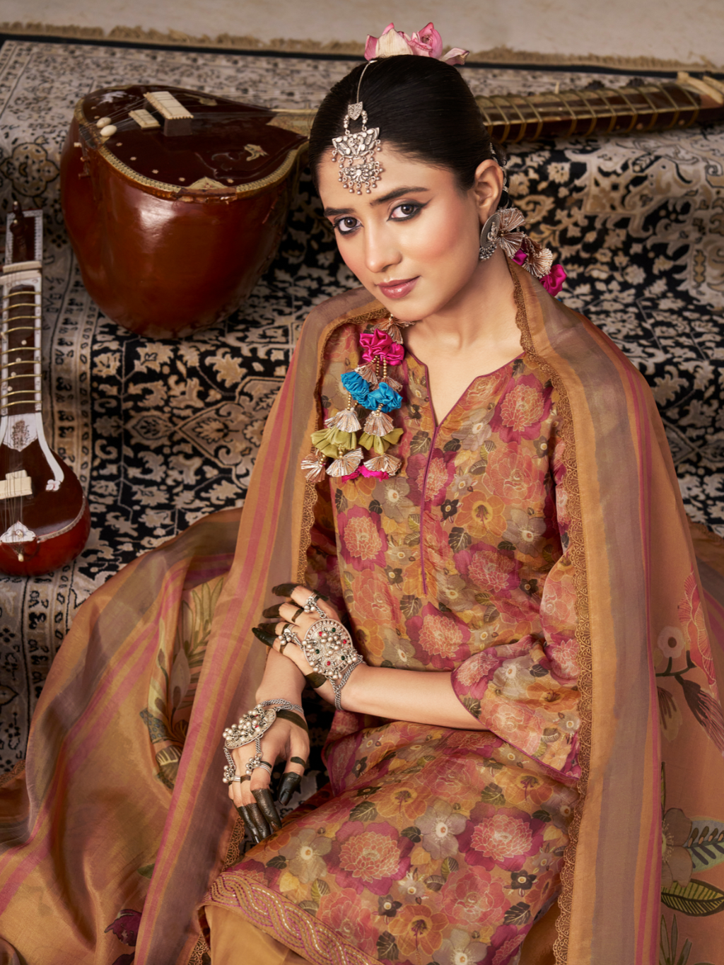 Tangerine Printed Tissue Organza Unstitched Suit Set with Zari and Intricate Embroidery