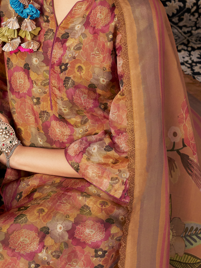 Tangerine Printed Tissue Organza Unstitched Suit Set with Zari and Intricate Embroidery