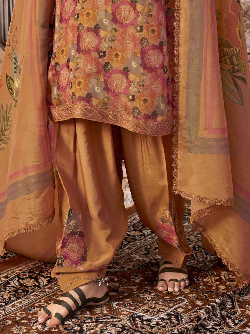 Tangerine Printed Tissue Organza Unstitched Suit Set with Zari and Intricate Embroidery