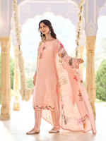 Crayola Peach Georgette Chikankari Unstitched Suit Set with Patch & Zari Work