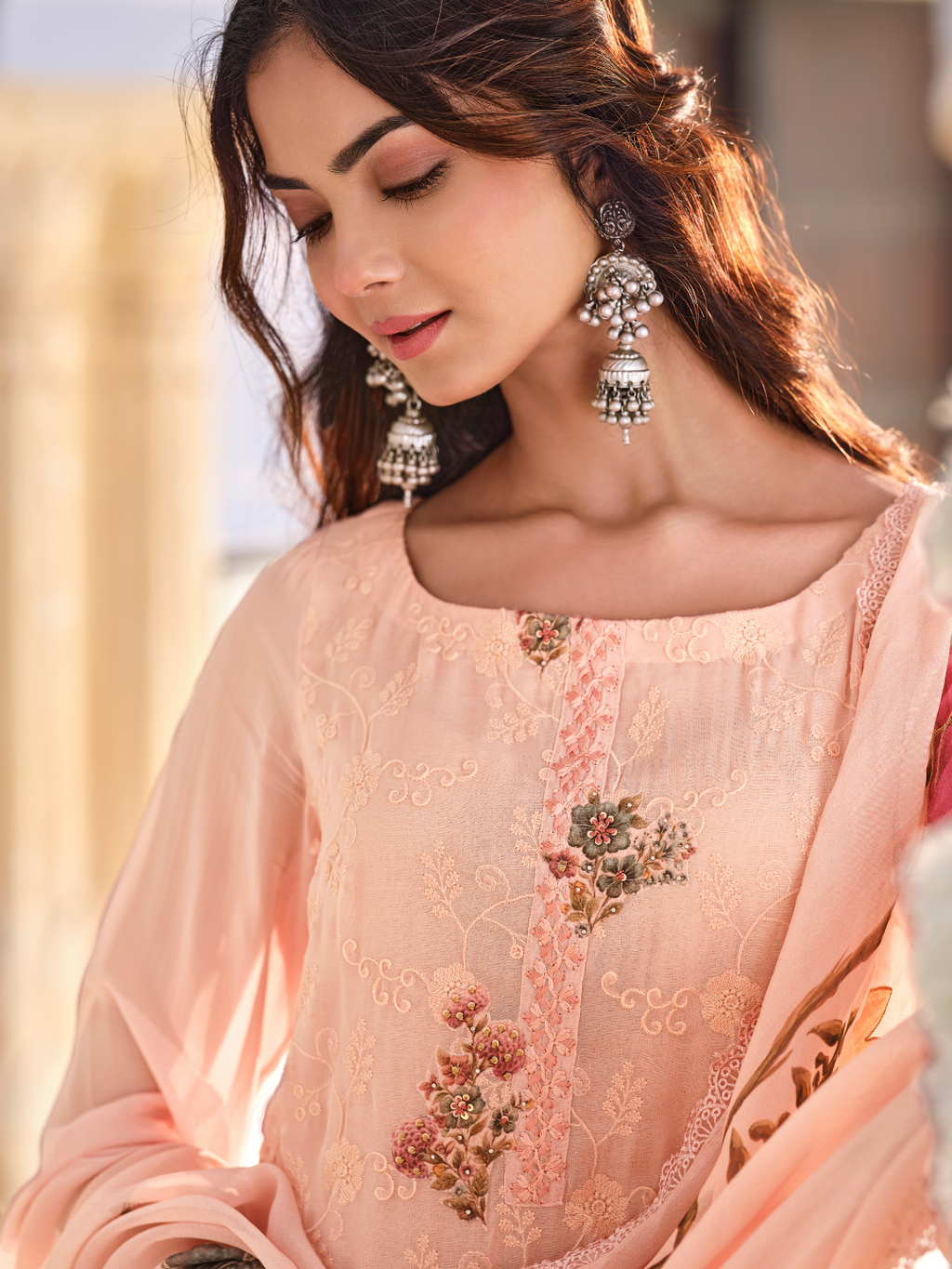 Crayola Peach Georgette Chikankari Unstitched Suit Set with Patch & Zari Work