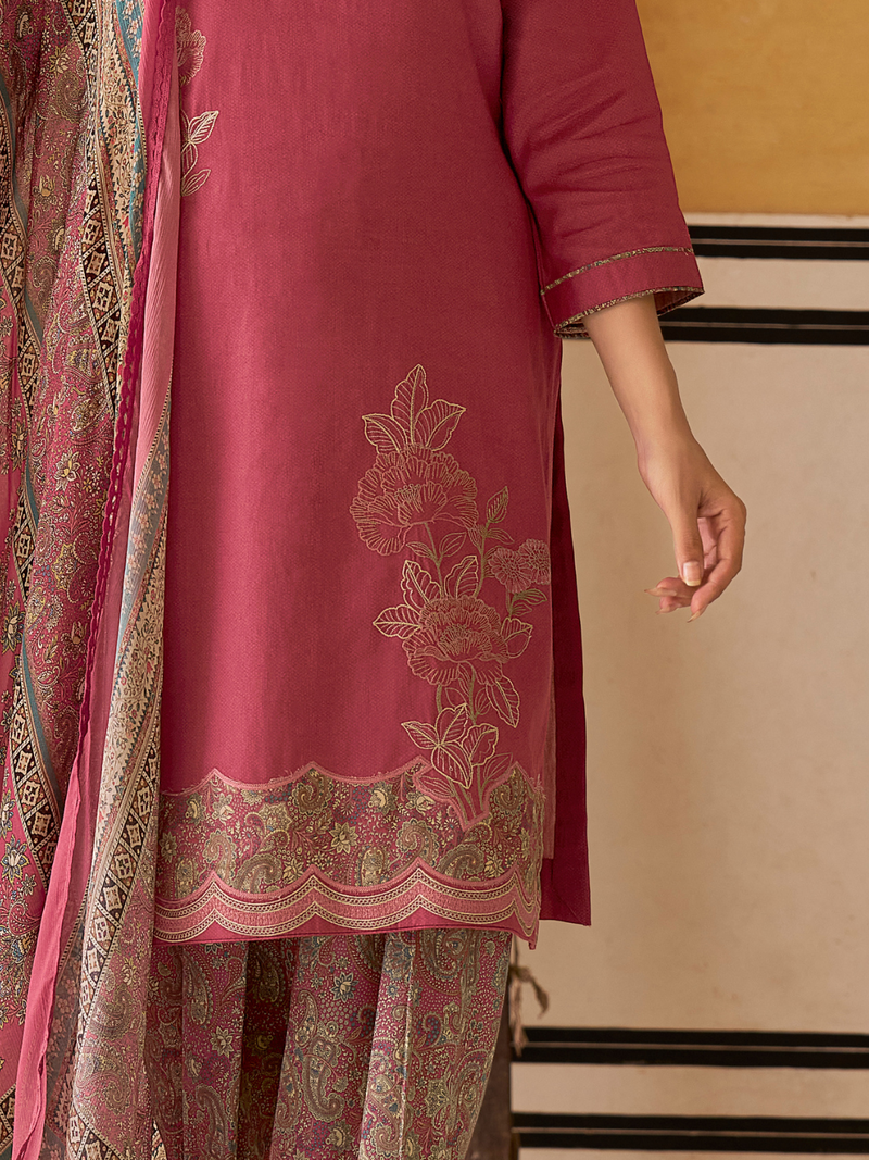 Rose Printed Handwork Unstitched Suit Set