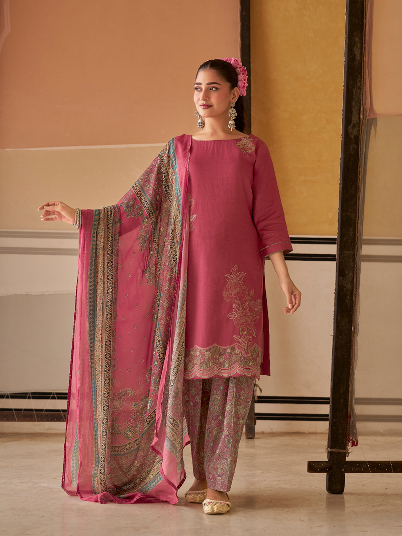 Rose Printed Handwork Unstitched Suit Set