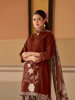 Dark Rust Printed Patchwork Handwork Unstitched Suit Set