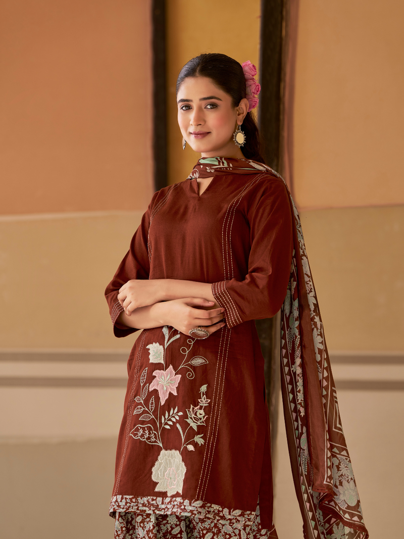 Dark Rust Printed Patchwork Handwork Unstitched Suit Set