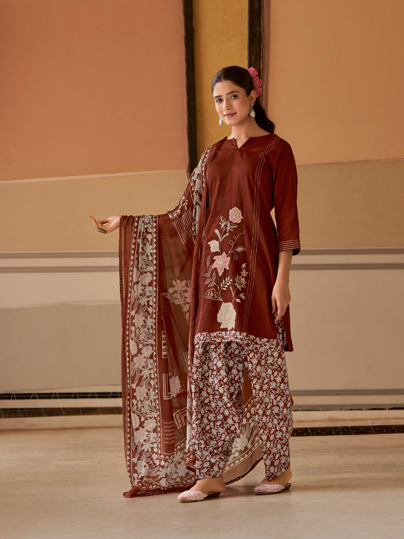 Dark Rust Printed Patchwork Handwork Unstitched Suit Set