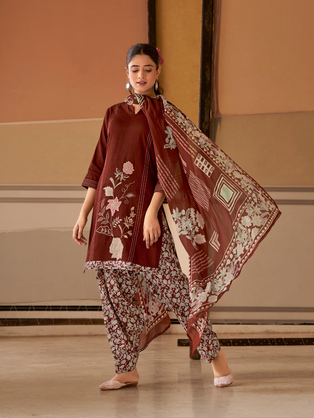 Dark Rust Printed Patchwork Handwork Unstitched Suit Set