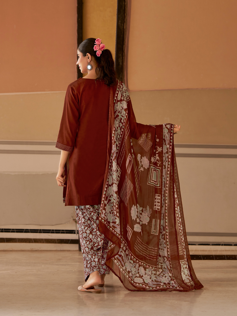 Dark Rust Printed Patchwork Handwork Unstitched Suit Set