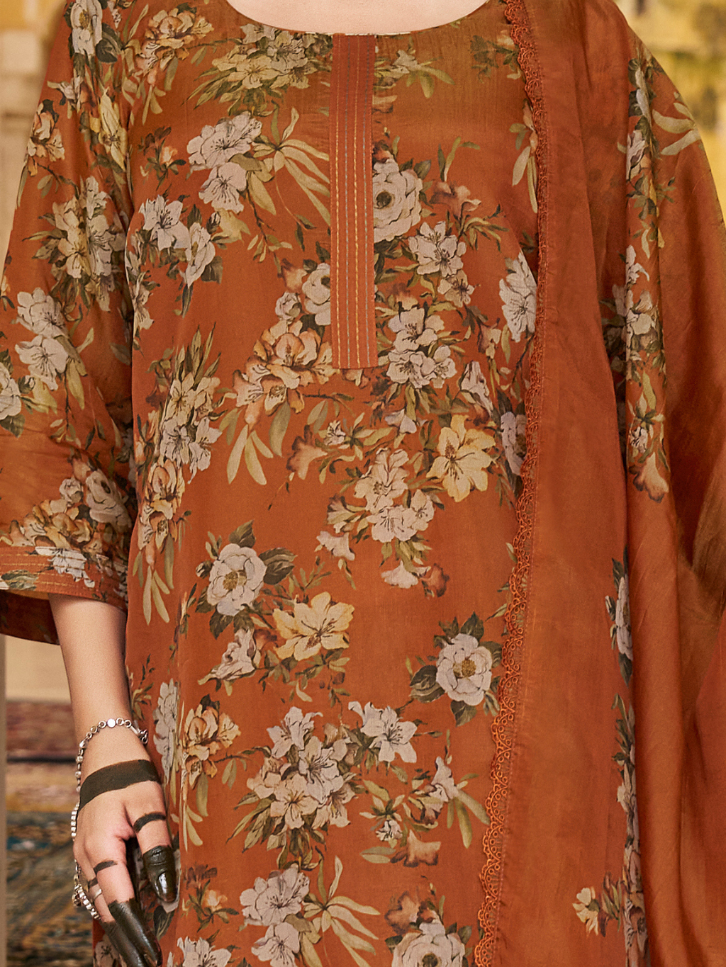 Rust Printed Tissue Organza Unstitched Suit Set with Zari and Intricate Embroidery