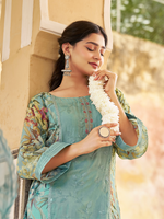 Teal Organza Printed & Sequin-Embroidered Unstitched Suit Set