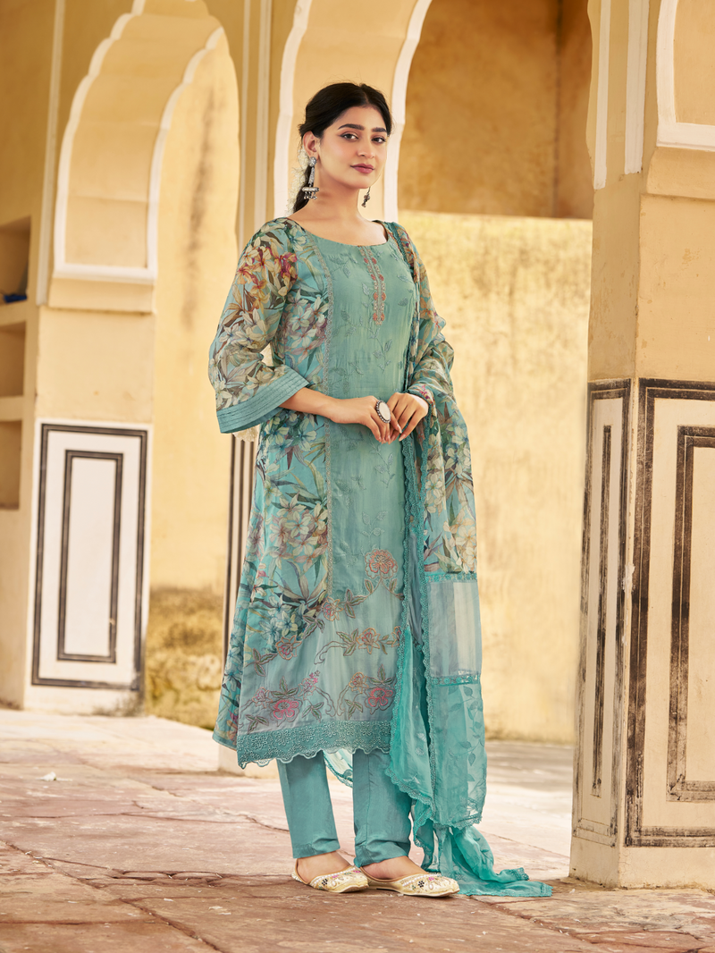 Teal Organza Printed & Sequin-Embroidered Unstitched Suit Set
