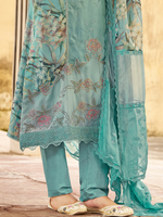 Teal Organza Printed & Sequin-Embroidered Unstitched Suit Set
