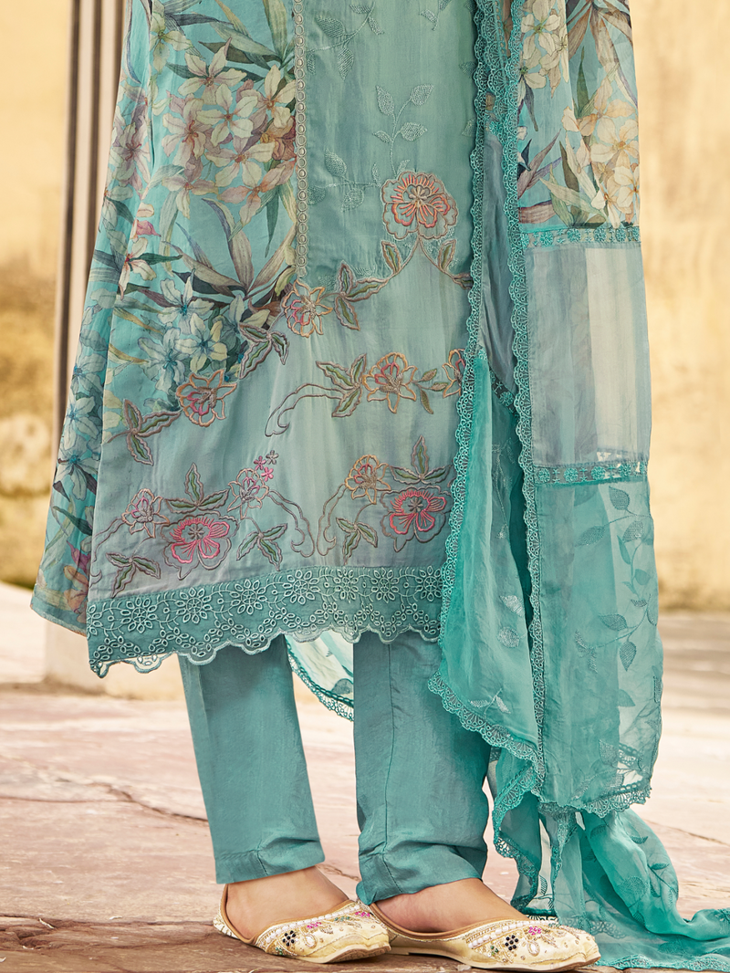 Teal Organza Printed & Sequin-Embroidered Unstitched Suit Set