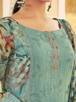 Teal Organza Printed & Sequin-Embroidered Unstitched Suit Set