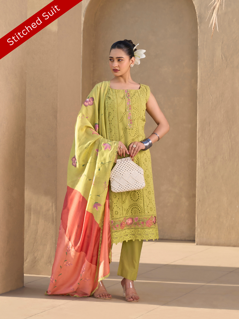 Lime Green Chikan Stitched Suit Set
