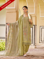 Moss Green Organza Printed & Sequin-Embroidered Stitched Suit Set