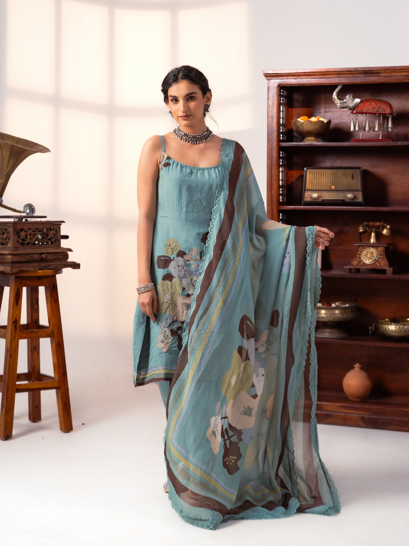 Teal Organza Unstitched Suit Set