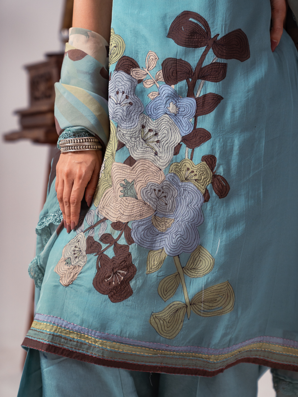 Teal Organza Unstitched Suit Set