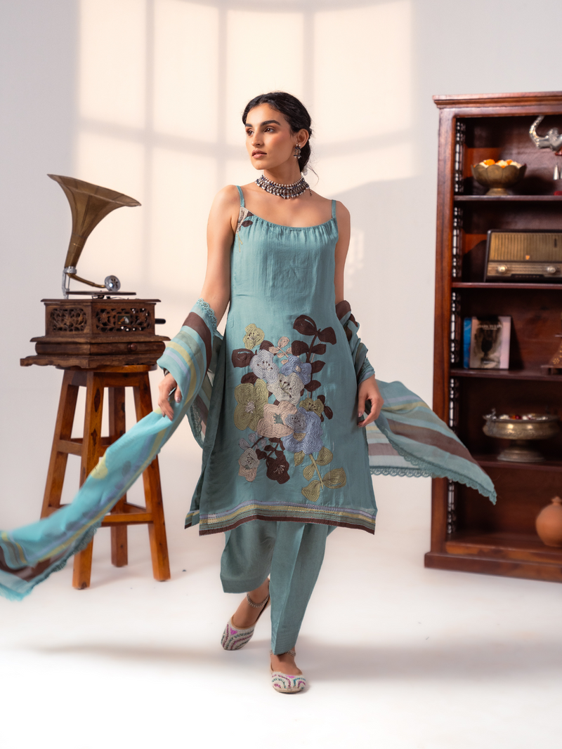 Teal Organza Unstitched Suit Set