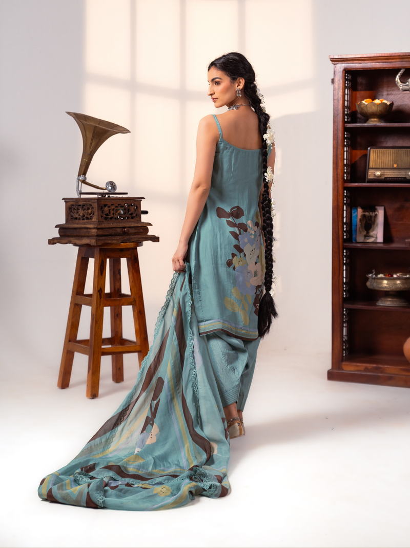Teal Organza Unstitched Suit Set