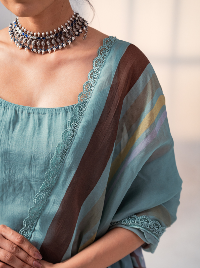 Teal Organza Unstitched Suit Set
