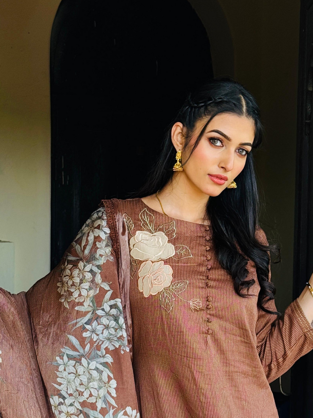 Mocha Cotton Printed Suit Set With Patchwork
