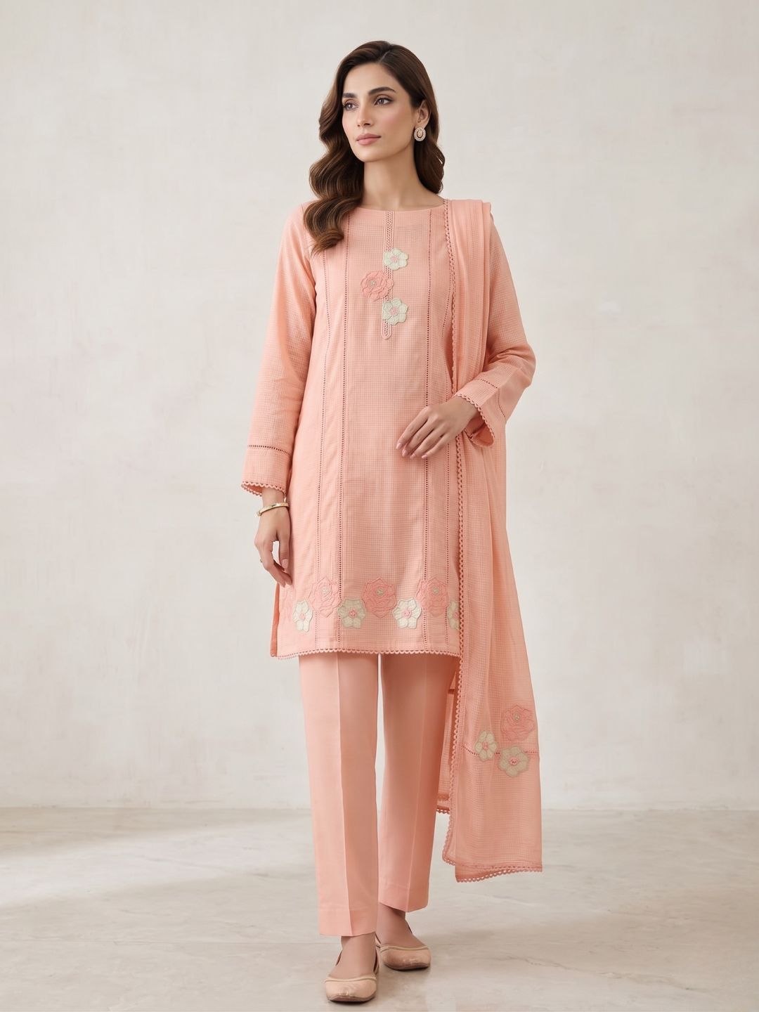 Pastel-Peach Printed Cotton Embroidered Unstitched Suit Set – Label Ramtex