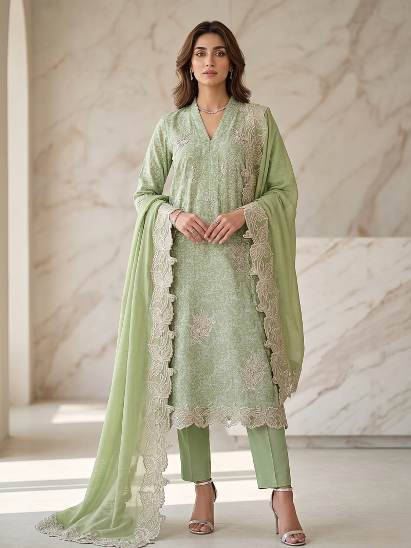 Matcha Green Organza Embroidered Unstitched Suit Set – Label Ramtex