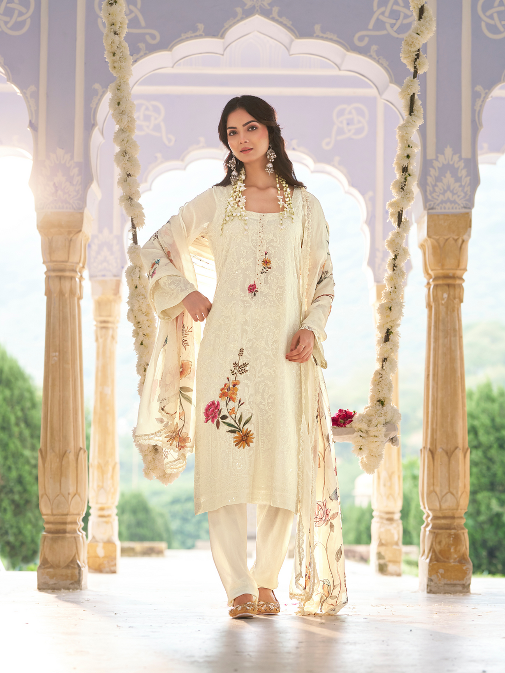 White Ivory Georgette Chikankari Stitched Suit Set with Patch & Zari Work