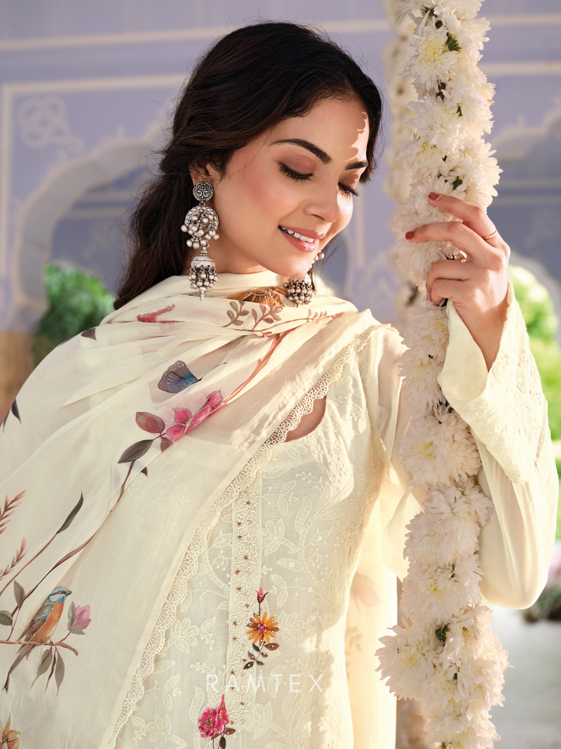 White Ivory Georgette Chikankari Stitched Suit Set with Patch & Zari Work