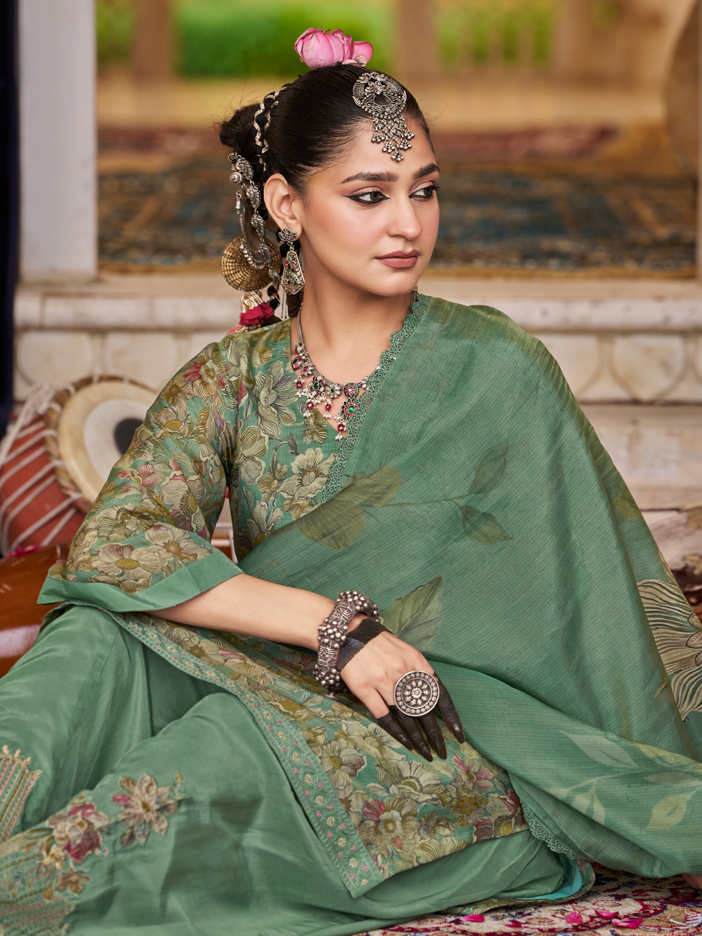 Green Printed Tissue Organza Unstitched Suit Set with Zari and Intricate Embroidery